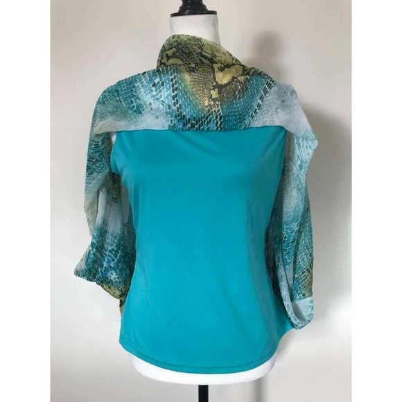 JOSEPH RIBKOFF Flowy Chiffon Overlay Blouse Turquoise Green Snake Print Size 10? - Picture 8 of 8